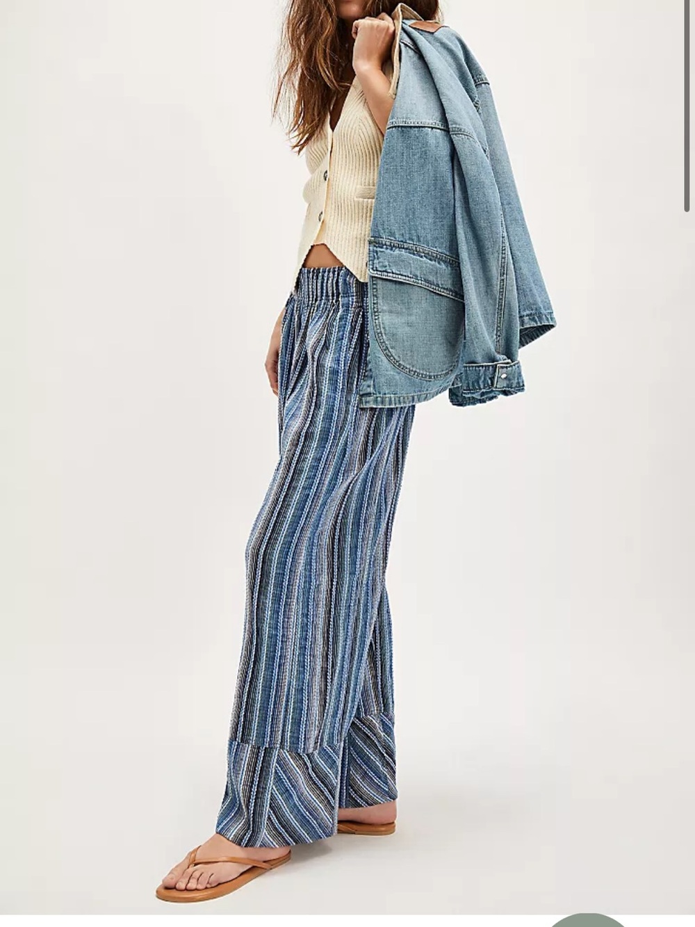 Free People Days End Linen Striped Blue Wide-Leg Pants Size S